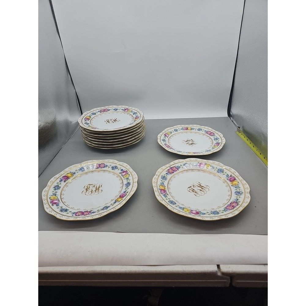 Antique Haviland Limoges Hand Painted Floral Monogram 9.5 Scalloped Plate
